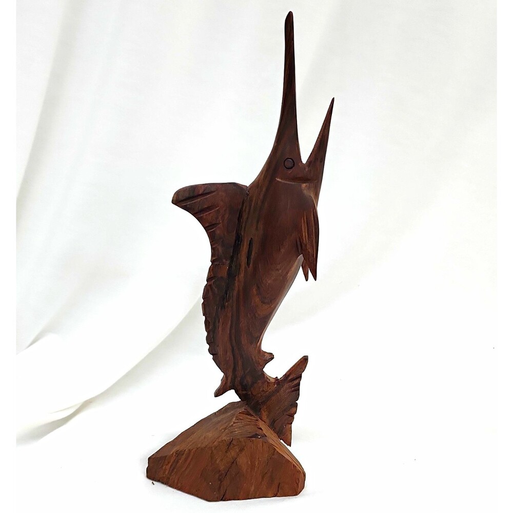 Hand Carved Iron Wood Swordfis Fish Figurine Sculpture Approx 10 in Tall MCM